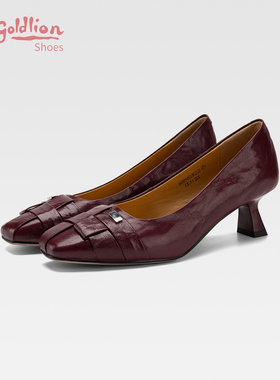 金利来女鞋中跟高跟鞋浅口羊皮方头猫跟单鞋通勤职业气质小皮鞋SJ