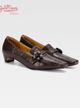 金利来2026新款低跟乐福鞋女方头花朵单鞋真皮一脚蹬黑色小皮鞋SJ