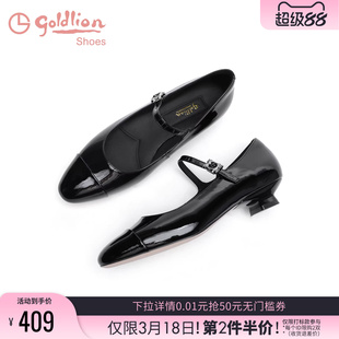 金利来低跟玛丽珍单鞋女春季新款时尚圆头浅口黑色不累脚猫跟单鞋