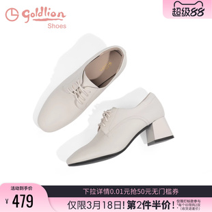 金利来皮鞋女粗跟春秋新款气质裸靴白色系带真皮中跟通勤深口单鞋