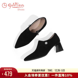 侧拉链黑色通勤深口单鞋 金利来女鞋 尖头粗跟磨砂高跟鞋 新款 女 秋季
