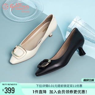 尖头单鞋 真皮职业浅口皮鞋 女 细跟春季 金利来黑色通勤不累脚高跟鞋
