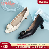 金利来黑色通勤不累脚高跟鞋 女 尖头单鞋 细跟春季 真皮职业浅口皮鞋