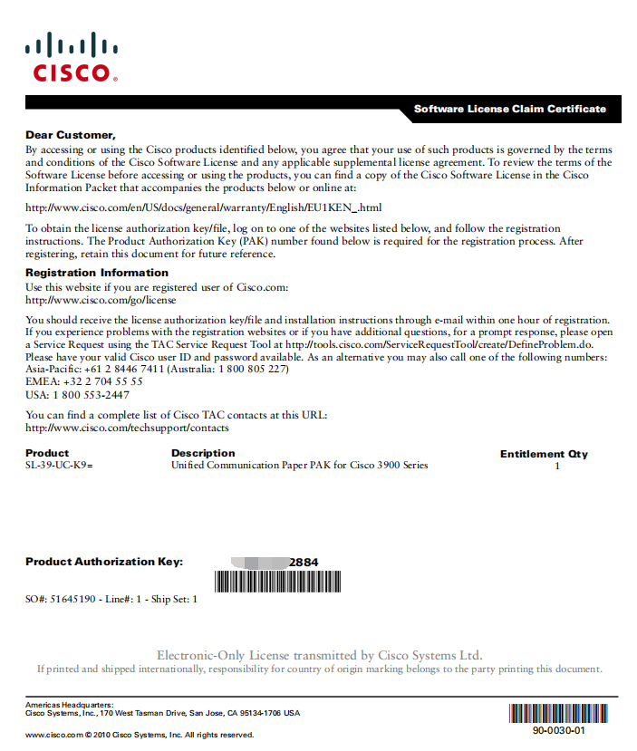 思科license安全许可L-SL-19/29/39/4221/4320/4330/4350/ASA-AC/DATA/APP/SEC/HSEC/UC/PERF/M-K9路由器授权