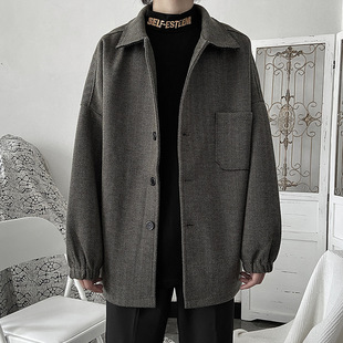秋冬款 斜纹暗黑复古毛呢大衣休闲宽松慵懒风日系潮牌呢料外套百搭