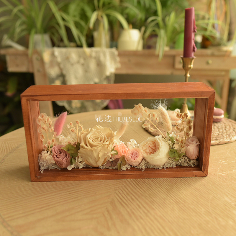 花边THEBESIDE 永生花木质相框桌面摆件 双面透明亚克力立体相框