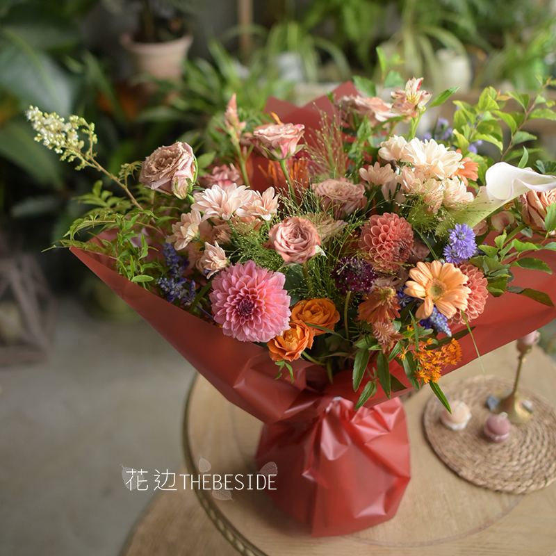 花边THEBESIDE《秋》韩式混搭鲜花束花篮 秋色系大丽花拉丝扶郎