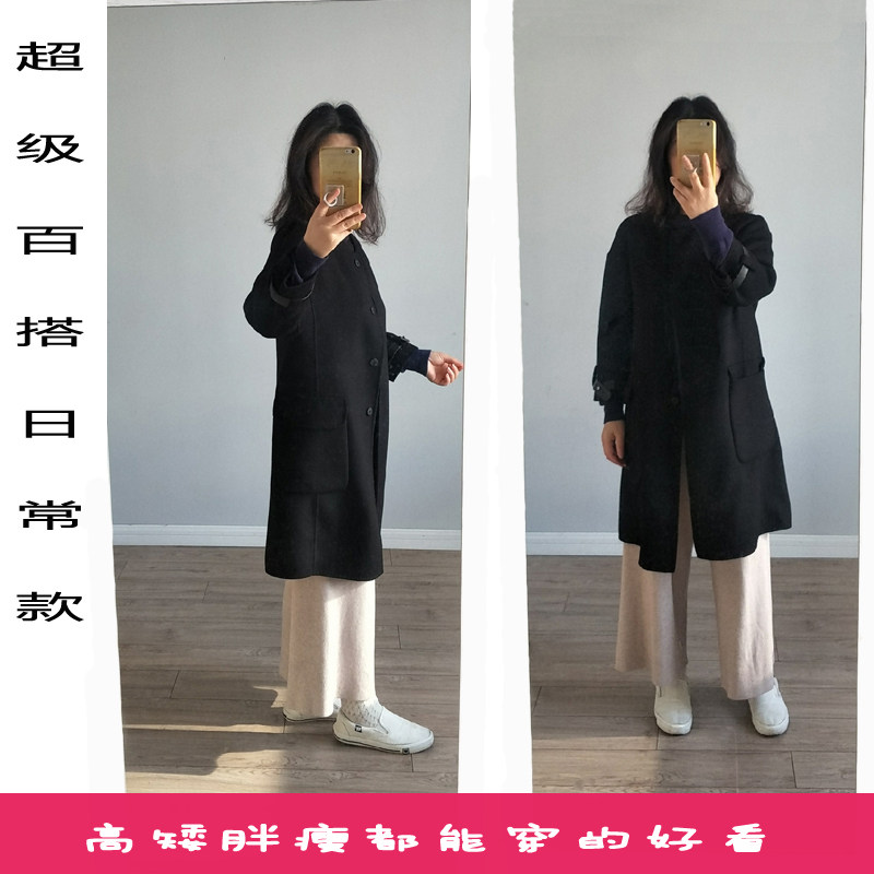 反季清仓百搭无领毛呢外套女韩版宽松小个子中长款羊毛绒双面大衣