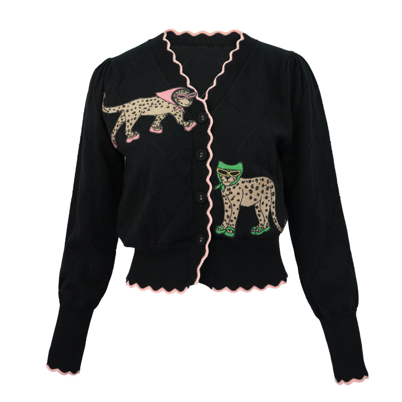 复古V领针织开衫卡通长袖