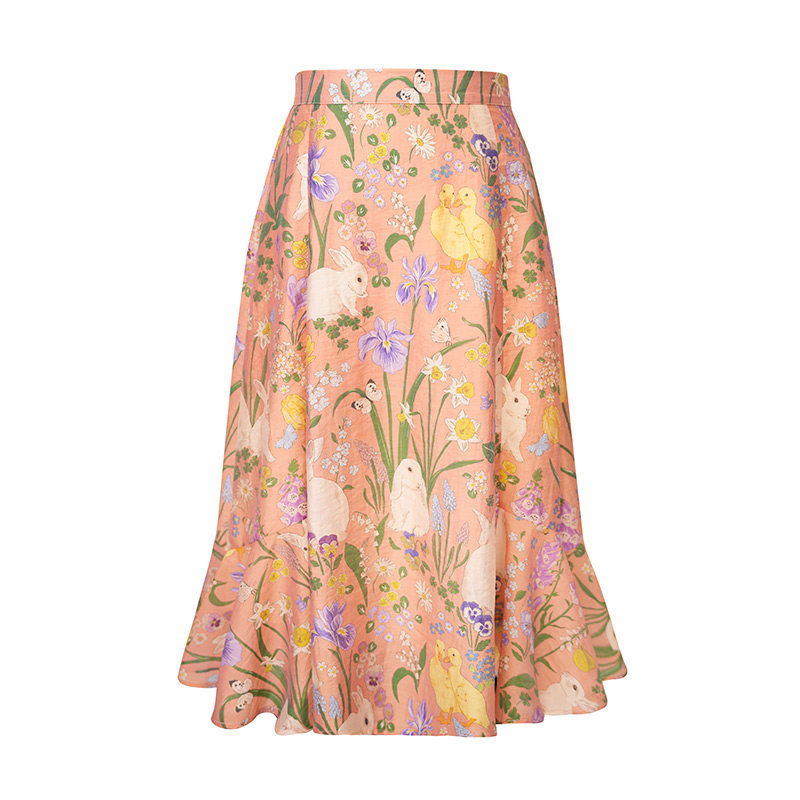 jungle me橙粉色复古手绘卡通插画高腰鱼尾橡筋腰波浪裙摆半身裙