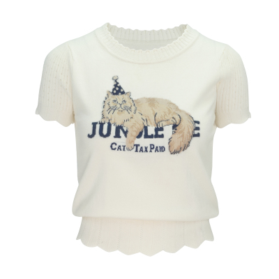 JUNGLE ME春夏白色小猫咪提花百搭时尚短袖针织圆领【直播专享】