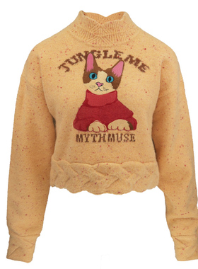 JUNGLE ME高领暖黄色宽松保暖毛衣长袖立体提花绣花猫咪针织毛衣