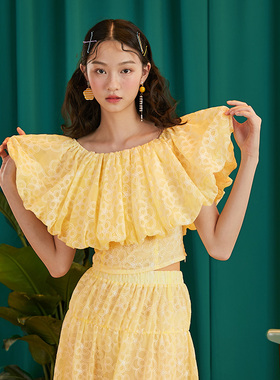 JUNGLE ME夏季新款鹅黄色减龄短款网纱碎花绣花小衫高腰显瘦上衣