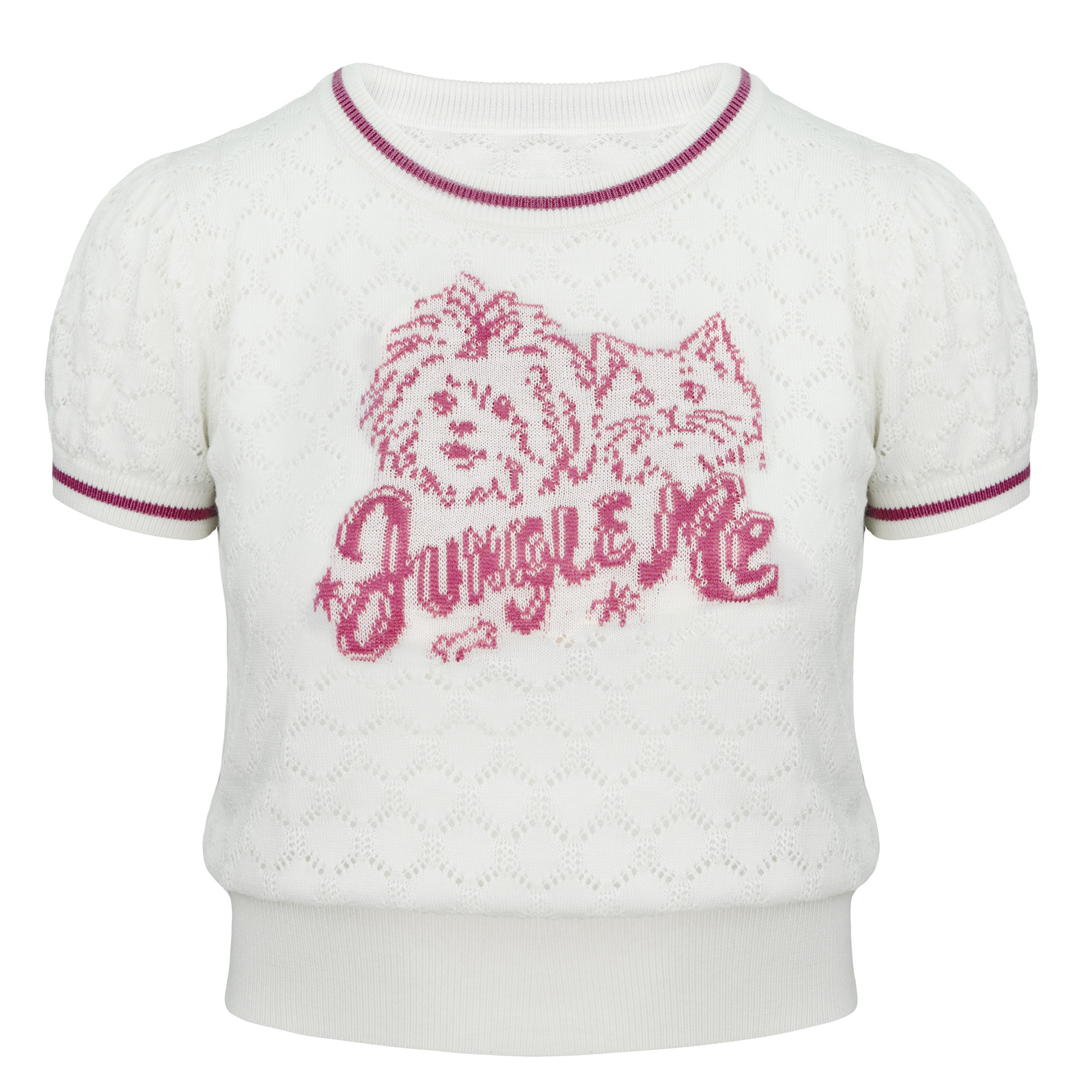 JUNGLE ME白色镂空提花撞色针织短袖女手绘小狗猫咪提花毛织小衫