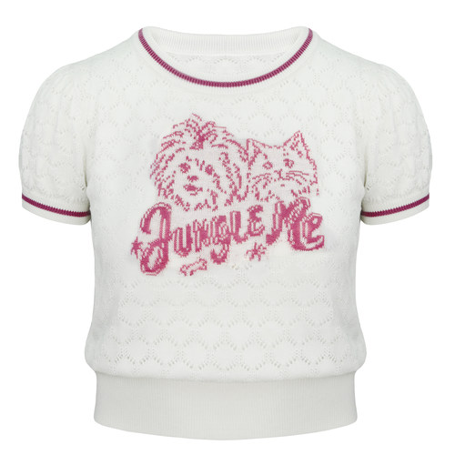 JUNGLE ME白色镂空提花撞色针织短袖女手绘小狗猫咪提花毛织小衫