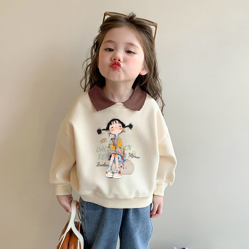 女童Polo领卫衣2025春秋新款儿童洋气小女孩卡通印花时髦撞色上衣