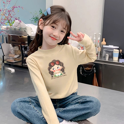 女童德绒打底衫冬季2025新款半高领内搭长袖洋气小女孩印花上衣潮