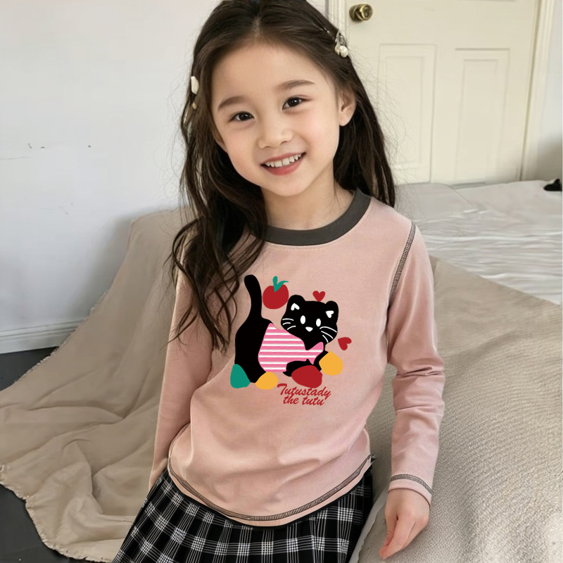 儿童纯棉长袖T恤春秋2025新款女童可爱猫咪印花打底衫甜美上衣潮
