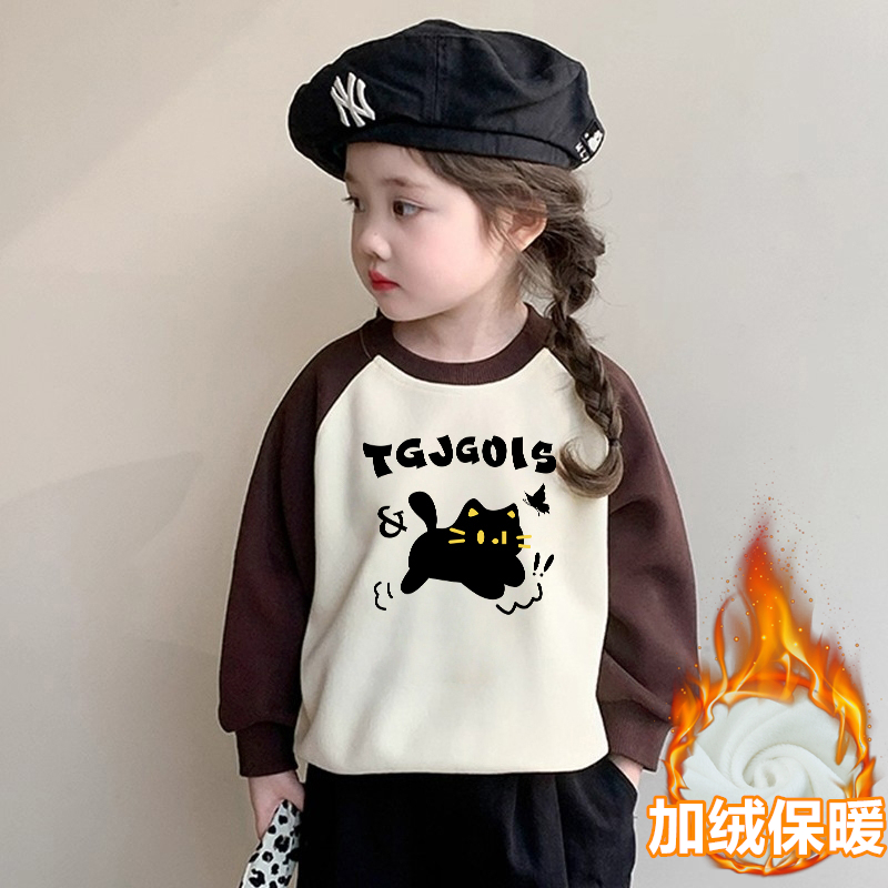 女童加绒卫衣秋冬款卡通猫咪中小童装一体绒儿童洋气长袖保暖上衣