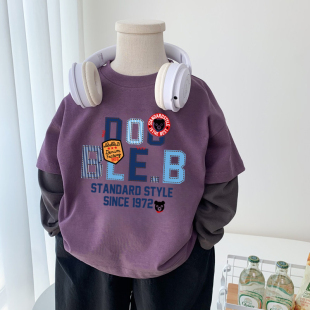 男童长袖纯棉t恤2026春秋新款卡通印花痞帅男孩假两件圆领上衣潮T