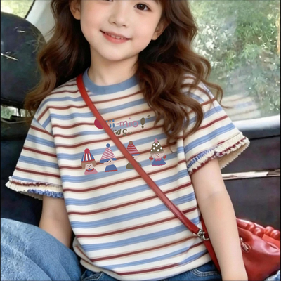 女童纯棉短袖T恤2026夏季圆领韩版中小童女孩条纹卡通印花上衣潮T