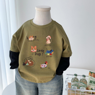 男童t恤长袖纯棉春装2026新款痞帅男孩卡通印花假两件圆领上衣潮T