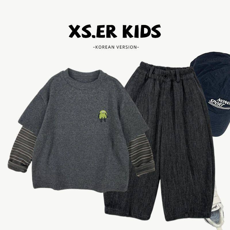 男童春秋季套装韩版卡通贴标假两件拼接卫衣休闲宽松裤子两件套潮