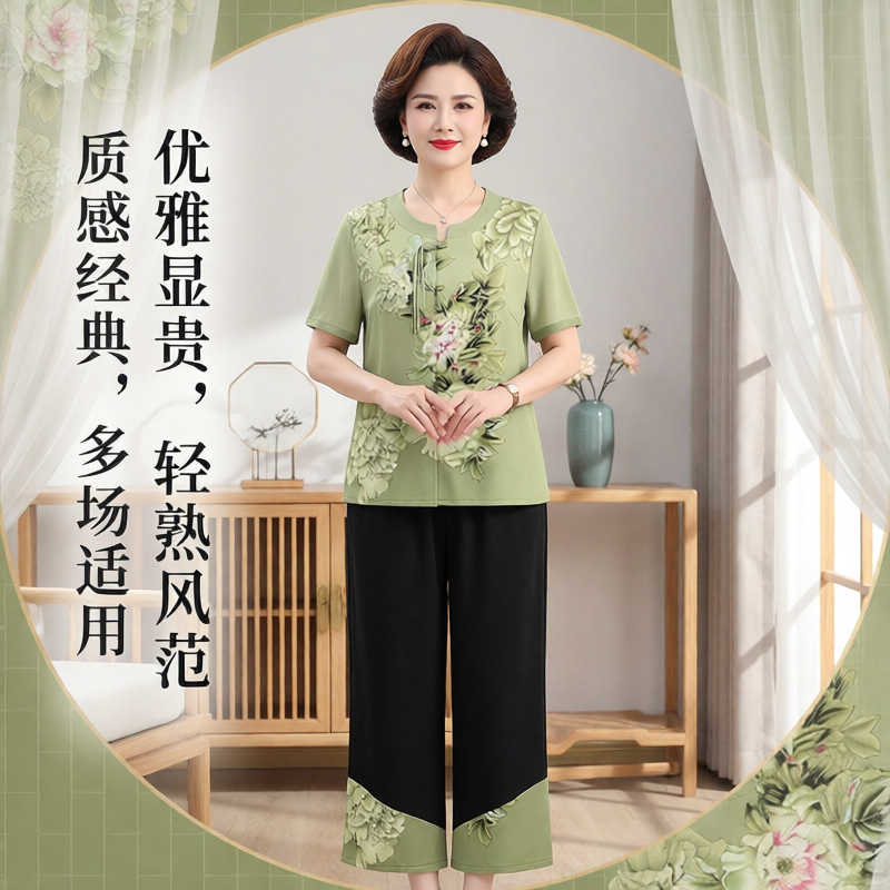中老年人夏装奶奶短袖衬衫女新款两件套装减龄洋气妈妈夏季上衣服