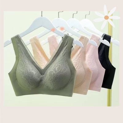 无痕内衣女聚拢乳胶杯加厚冰丝无钢圈文胸蕾丝运动背心宽肩带文胸