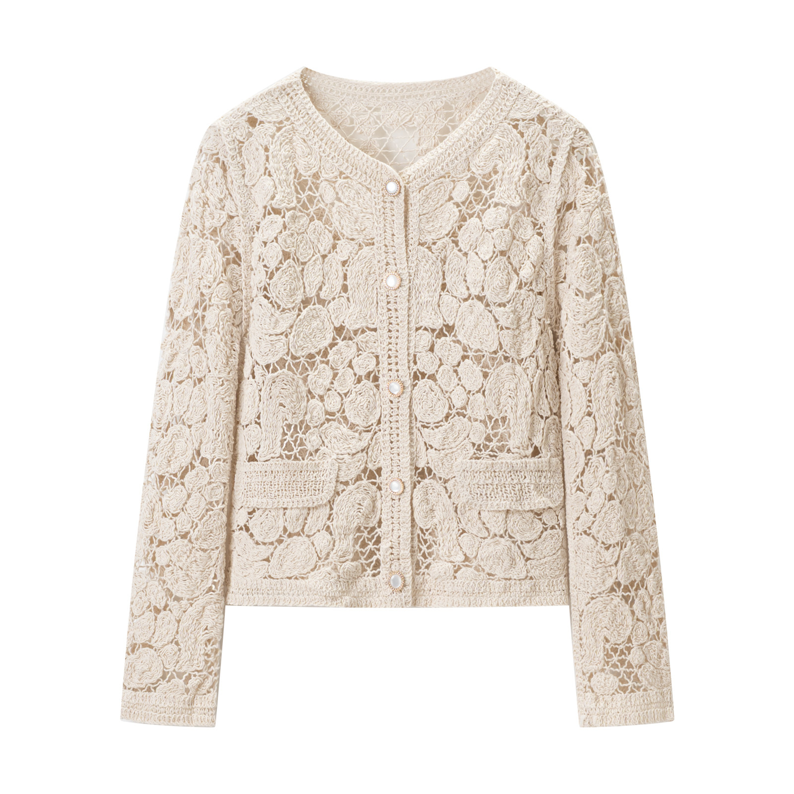 女装 2026春季新款 小香风重工精致蕾丝钩花针织开衫外套 6011308