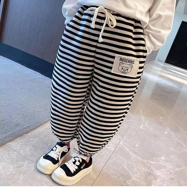 儿童百搭休闲裤春秋女宝宝黑白条纹运动裤男童幼儿园神裤子卫裤