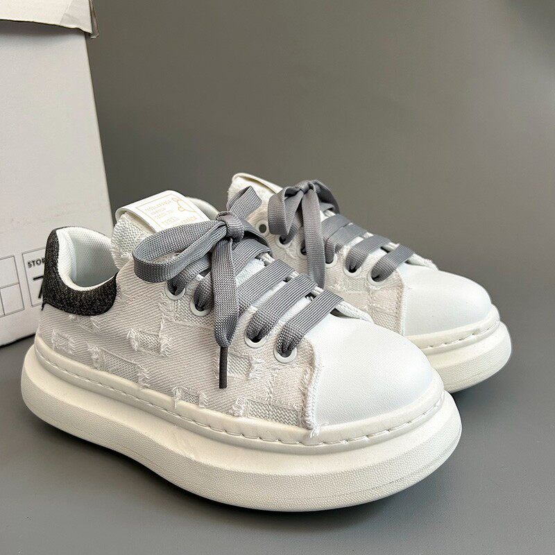 潮流复古破坏风增高男鞋厚底白色运动板鞋2025秋季透气小众潮鞋