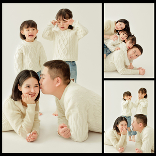 新年亲子摄影主题服装简约影楼全家福四口高端拍照亲子装麻花毛衣