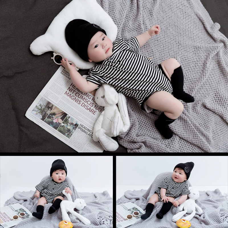 ins居家风男宝宝百天照服装婴儿照周岁拍照服装影楼艺术照条纹服