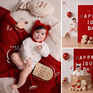 儿童摄影服装新年圣诞小熊针织帽主题宝宝百天影楼拍照服装针织毯
