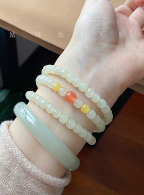 天然和田玉淡黄小方珠多圈手链