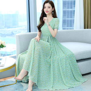 RY1659#V领雪纺连衣裙短袖收腰系带显瘦女夏气质裙子沙滩裙