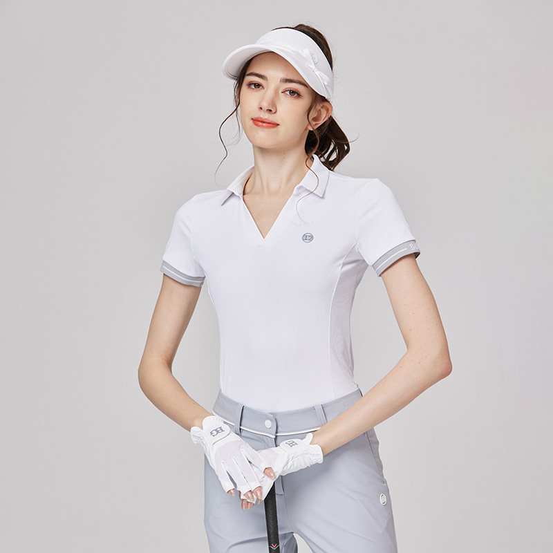 春夏新款高尔夫服装女士短袖收腰T恤V领白色减龄高端百搭速干上衣
