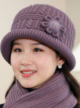 冬天老年人帽子送奶奶加绒厚保暖防寒兔毛线帽中老年妈妈针织保暖