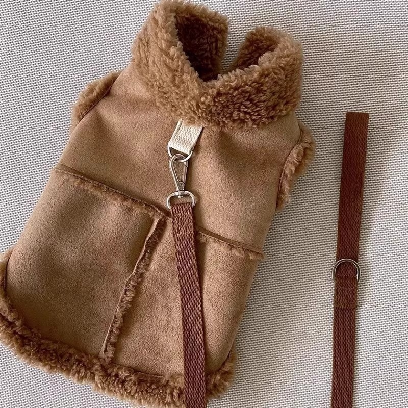 秋冬季狗狗衣服百搭麂皮绒牵引马甲泰迪比熊加厚保暖冬天宠物