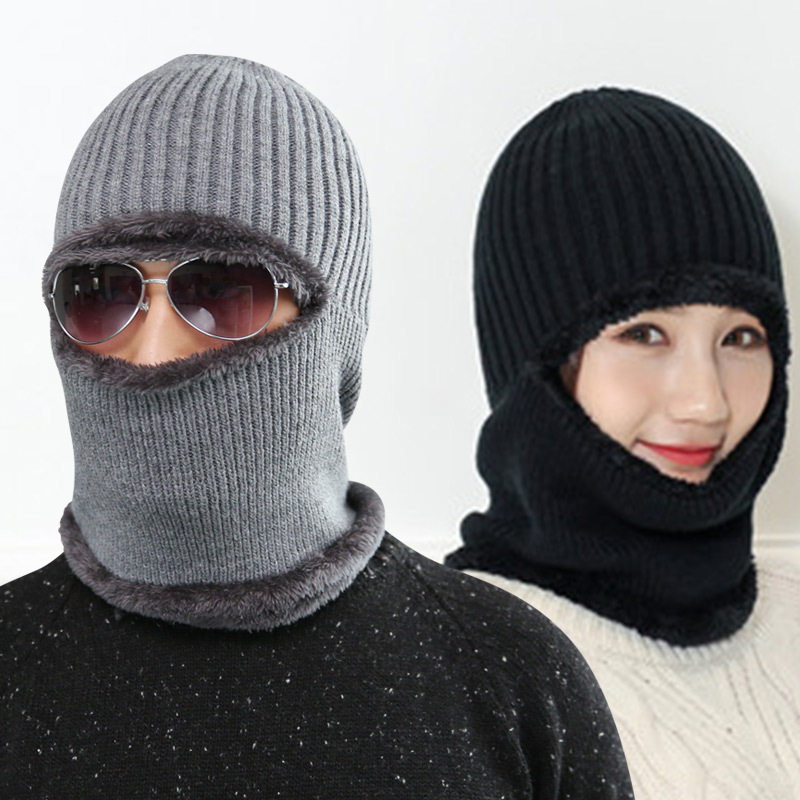 冬天加绒加厚毛线帽男款防寒一体头套针织帽女骑车防风连体护耳帽