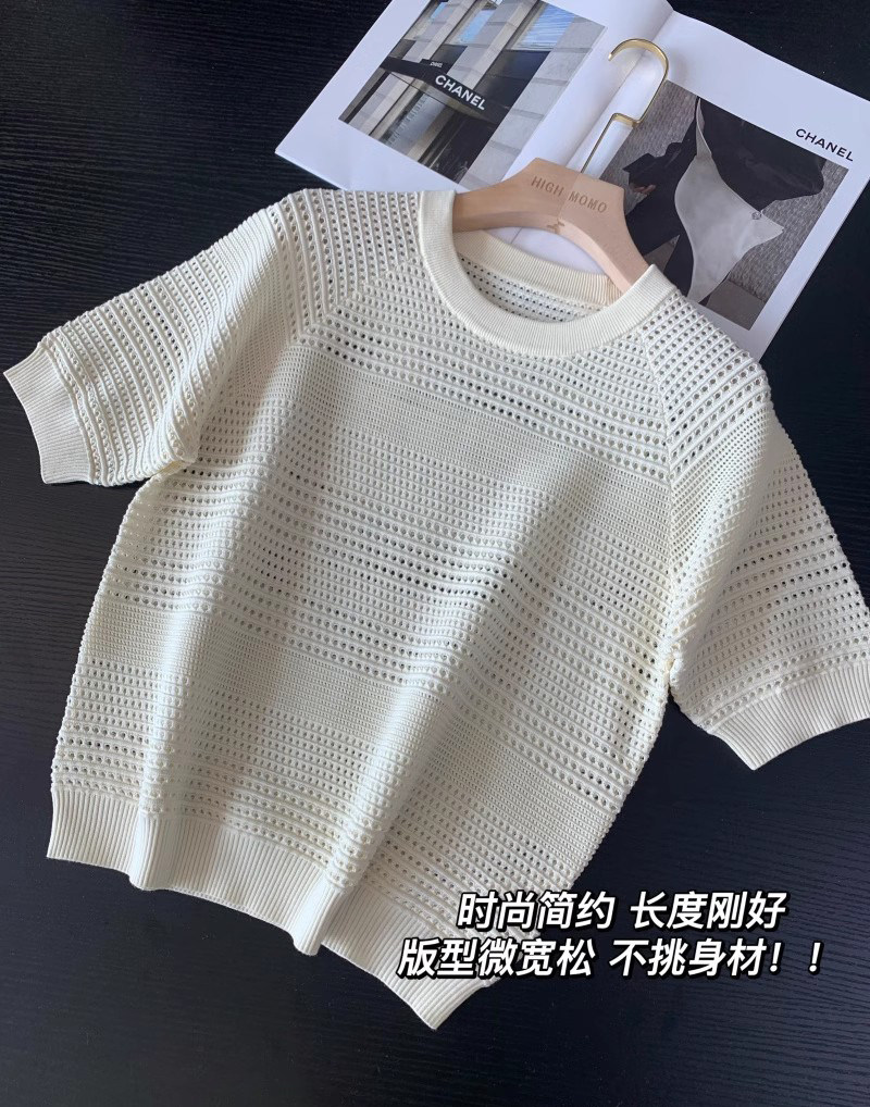 小禾小香风镂空钩花圆领纯棉薄短袖针织衫女夏季宽松百搭显瘦T恤