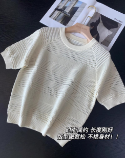 小禾小香风镂空钩花圆领纯棉薄短袖针织衫女夏季宽松百搭显瘦T恤