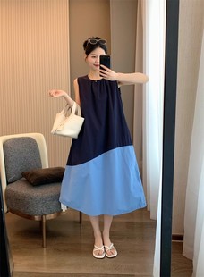 日系高级感撞色极简风A字裙背心裙夏季 连衣裙 圆领宽松中长款 无袖