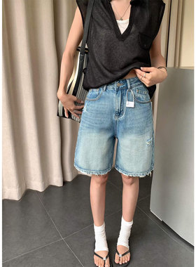 五分破洞阔腿牛仔短裤女夏中裤