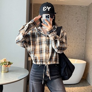 AC同款复古百搭连帽格子休闲衬衫女秋季宽松底边抽绳格纹短款上衣