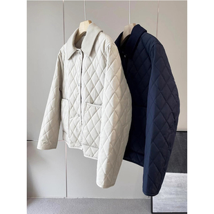 豪奢老钱风秋冬季菱形格翻领双面穿棉服女宽松百搭休闲夹克外套