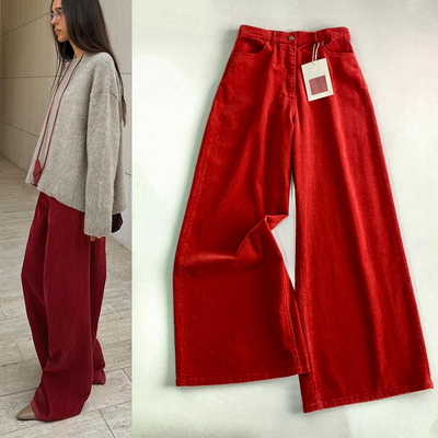 时髦row红色灯芯绒阔腿休闲裤女
