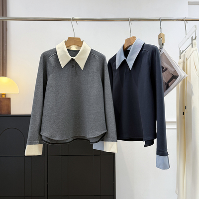 撞色POLO领长袖卫衣休闲针织衫