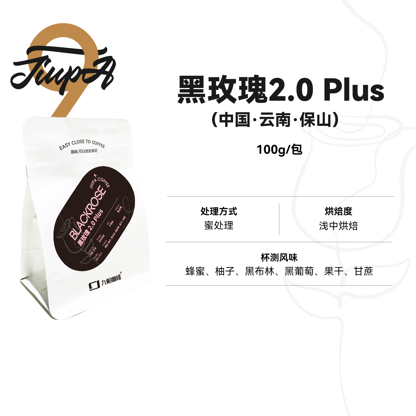 黑玫瑰2.0 Plus云南保山 蜜处理 浅中烘焙精品单品咖啡豆100g/包
